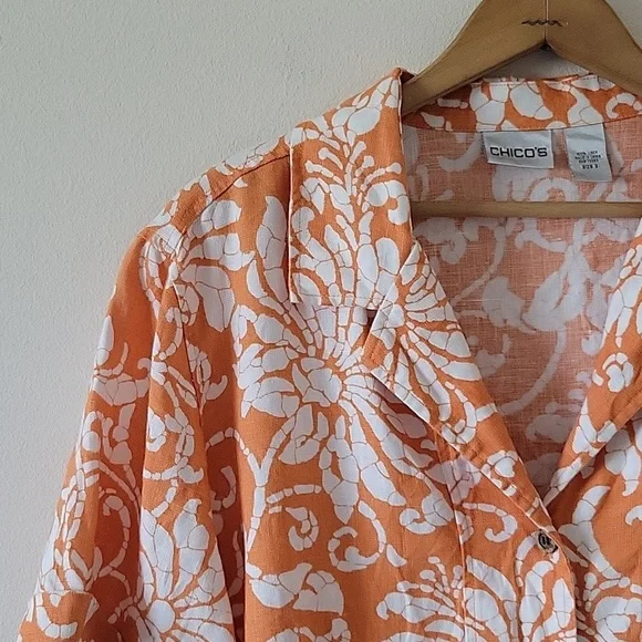 Chico's Orange Linen Hawaiian Tropical Boxy Cut Short Sleeve Button Down Size XL - Picture 2 of 7